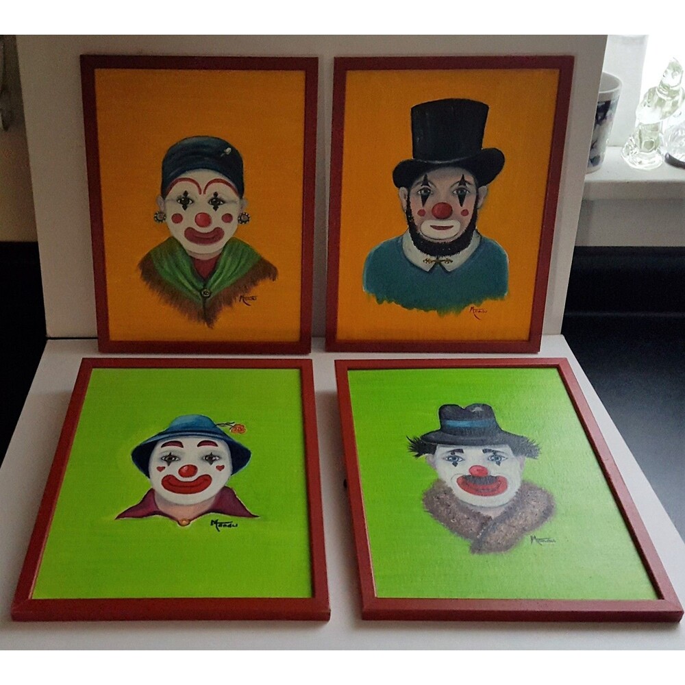 SIGNED MONDU Clown Paintings Acrylic  12" x 9" in Original Frames Names on backs